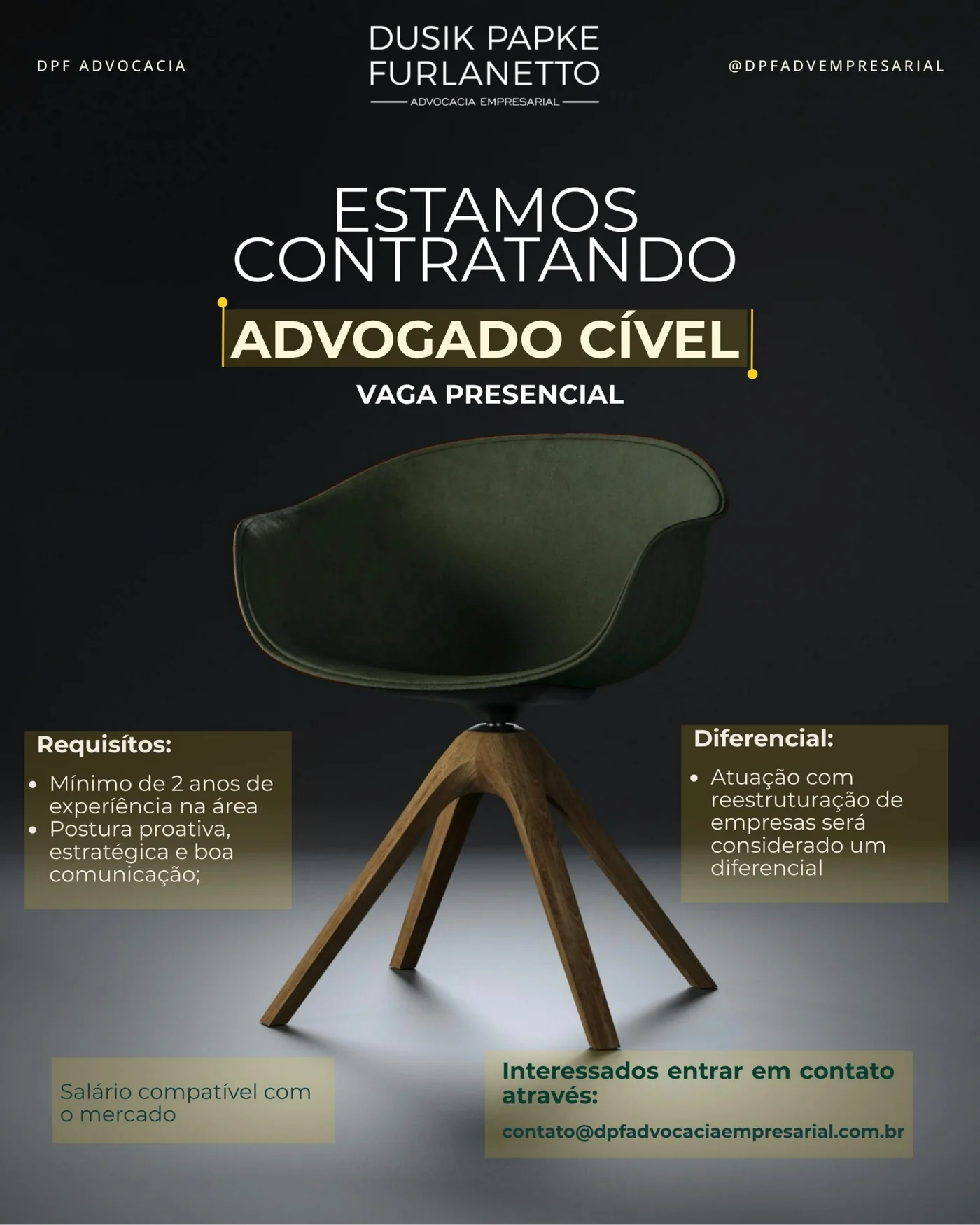 Anúncio de vaga para advogado civil da DPF Advocacia
